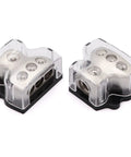 3 Way Car Power Distribution Block With One Zero Gauge In And 3x Four Gauge Out For Amp Grounding And Audio Wiring, Heavy Duty Car Audio Splitter, Easy Install For Strong Power And Clean Ground, 2 Pack clear covered metal car power blocks