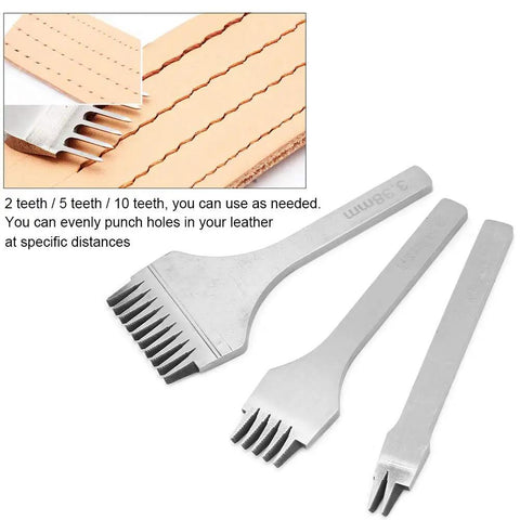 Pro Grade Leather Pricking Iron Set French Style Stitching Chisel Hole Punch Kit with 2.7mm, 3.0mm, 3.38mm, 3.85mm; three chisels