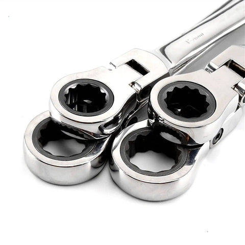 Close-up of 7 Piece Ratchet Spanner Set Open End And Ring Wrenches 8mm To 13mm Flexible Quick Wrench For Tight Spaces And Auto Repair Durable Rust