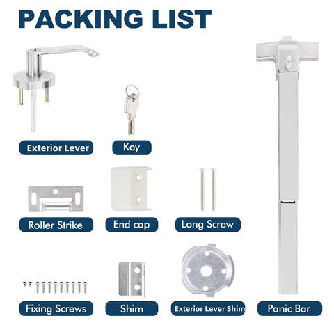 Packing list showing parts of the Heavy Duty Stainless Steel Panic Bar Exit Device With Exterior Lever And 5 Keys For 27 To 40 Inch Wood Or Metal Doors Commercial Emergency Door Hardware Built Tough And Rustproof Ready For High Traffic.