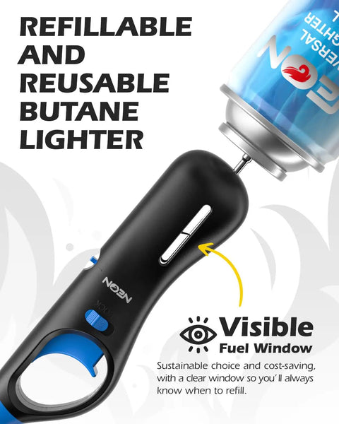 Refillable Butane Lighter Set 4-Pack Long-Reach Lighters With Adjustable Soft Flame Visible Fuel Window close-up detail.