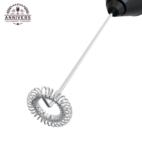 Handheld Electric Milk Frother And Drink Mixer Creates Rich Creamy Foam In Seconds With Stainless Steel Whisk shown from top angle.
