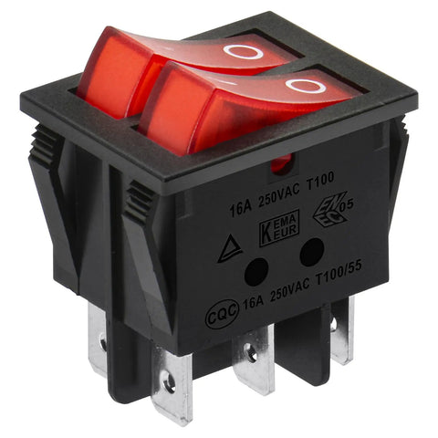 Heavy Duty Double Rocker DPST On Off 6 Pin Power Switch With Red Indicator Light For Industrial Equipment 16A 250V AC Panel Cutout 29x22mm UL VDE Certified Pack Of 2, black rocker switch