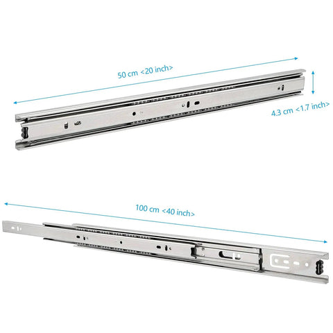 Heavy Duty 20 Inch Drawer Slides With Side Mounted Ball Bearing Runners Full Extension Three Section Glides 200 Lb Capacity