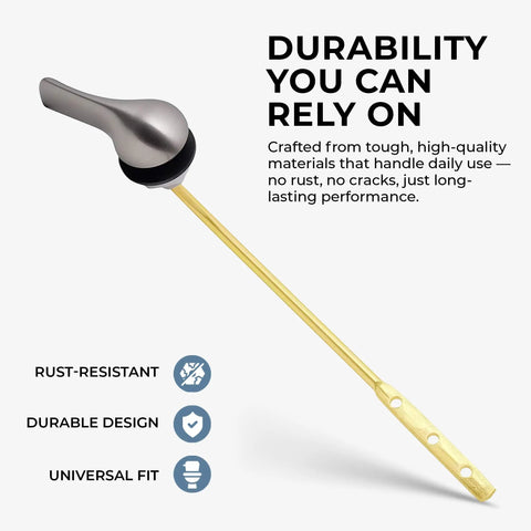 Brushed Nickel Front Mount Toilet Handle Replacement Kit With Universal Flush Lever No Fuss Install shown with durability text