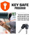 Close-up of person holding key near a keychain, part of a key replacement program image. Two additional keys shown on the side.