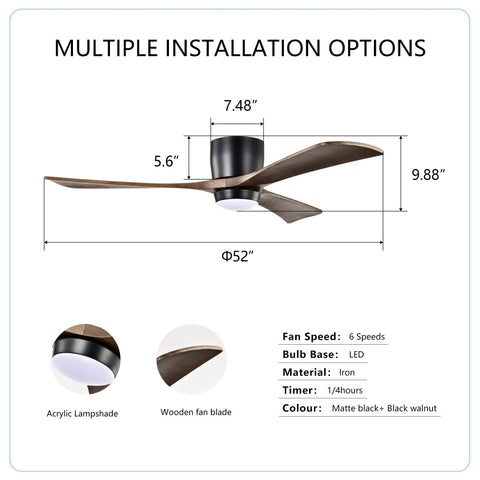 Neojoyoenix 52" Flush Mount Solid Wood Blades Ceiling Fan with Lights Remote Control,Quiet DC Motor, 6 Speed,Reversible for Patio Living Room, Bedroom, Office,Indoor.(Matte Black) dimensions and features.
