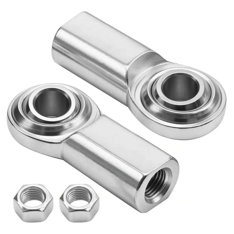 Heavy Duty 3/8 Inch Bore Rod End Bearings With Right Handed Female Thread And Jam Nuts Built Like A Tank For Hydraulic Auto Machinery Rock Solid Wear Resistant Steel Construction 2 Pack showing two polished steel bearings and nuts.