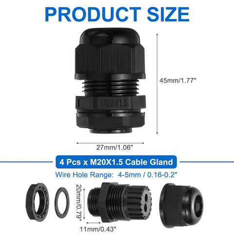 Front and side view of the 4 Piece M20 Cable Gland Set With 4 To 5 Mm Wire Holes Waterproof Nylon Joint, dimensions labeled.