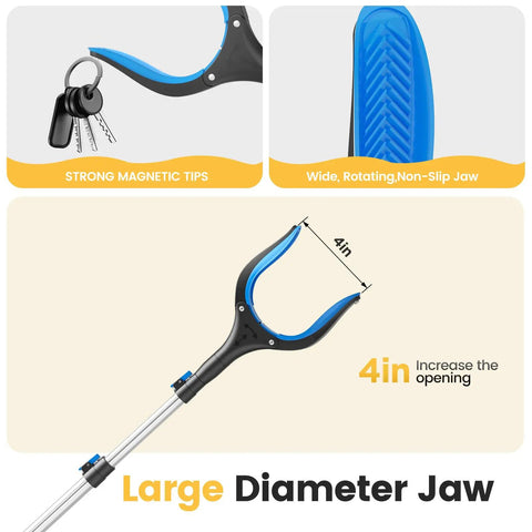 Telescopic Grabber Reacher Tool Five Level Adjustable Length From 23 To 41 Inches Blue Trash Claw Gripper For Litter Pickup Yard Work Senior Friendly Flexible No Bend Pick Up Stick