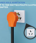 Hefty Dryer To EV Y Splitter Cord 30 Amp Male Dropping Down To Dual 30 Amp Female Nema Jacks shown plugged into an outlet.