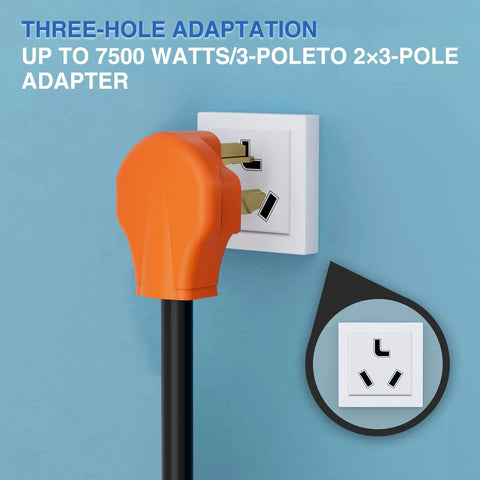 Hefty Dryer To EV Y Splitter Cord 30 Amp Male Dropping Down To Dual 30 Amp Female Nema Jacks shown plugged into an outlet.