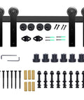 Heavy Duty 19Ft Barn Door Track Hardware Kit With Buttery Smooth Gliding Wheels For Double Doors Matte Black Finish Zero Hassle Install includes rollers, screws, and installation parts.