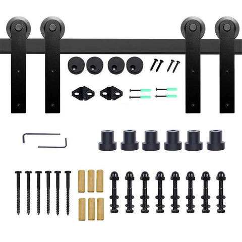 Heavy Duty 19Ft Barn Door Track Hardware Kit With Buttery Smooth Gliding Wheels For Double Doors Matte Black Finish Zero Hassle Install includes rollers, screws, and installation parts.