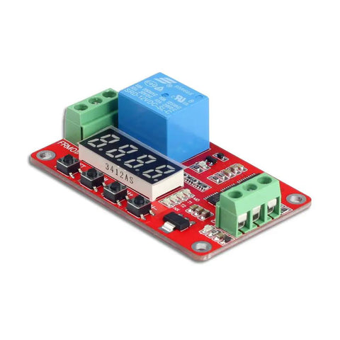 Side view of DC 12V Programmable Time Delay Relay Module with LED display for smart home automation, on delay and off delay modes