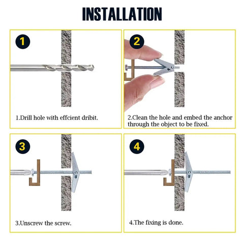 Installation steps for Heavy Duty Toggle Bolts Set Three Box 135 Pieces For Hollow Walls And Drywall Ceiling Mounts Including Beefy Toggle Bolts.