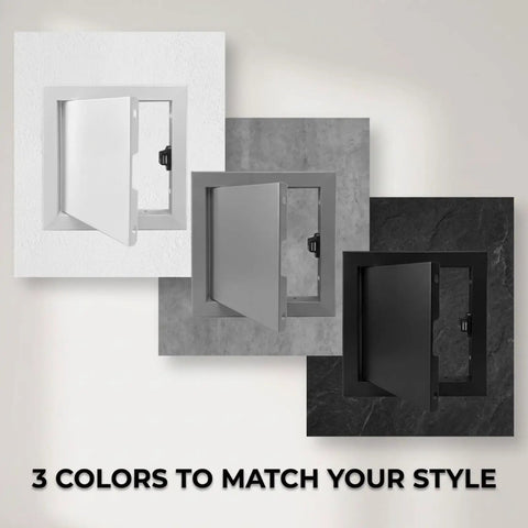 Top Tier Aluminum Access Panel For Drywall Featuring No Sweat Push To Open Flush Mount Latch Built For Paintable Wall And Ceiling Plumbing Electrical Repairs Runs Smooth In White 18X32 Size Looking Sharp with three color variations.