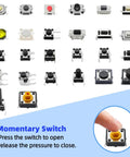 Assorted tactile switches from Maker Friendly Assorted Micro Momentary Tactile Push Button Switch Kit with finger pressing one