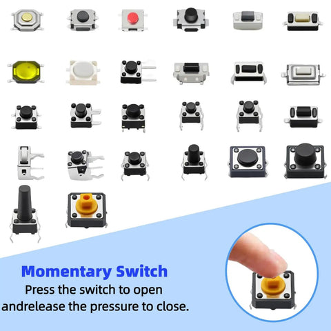 Assorted tactile switches from Maker Friendly Assorted Micro Momentary Tactile Push Button Switch Kit with finger pressing one