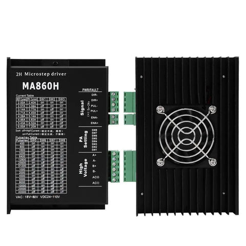 MA860H 200KHz Stepper Motor Driver Microstep Controller viewed from front with cooling fan and connection ports visible