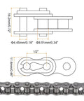 Beefy Heavy Duty Roller Chain For Motorcycles And Bikes One Half Inch Pitch Five Feet Long Carbon Steel Industrial Drive Chain With 120 Links 08B Metric Standard Built For Tough Machinery Ride Ready Chain diagram showing dimensions and design details