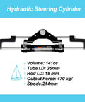 Beefed Up 300 HP Front Mounted Steering Cylinder for outboard boat, marine grade, dimensions and specs displayed