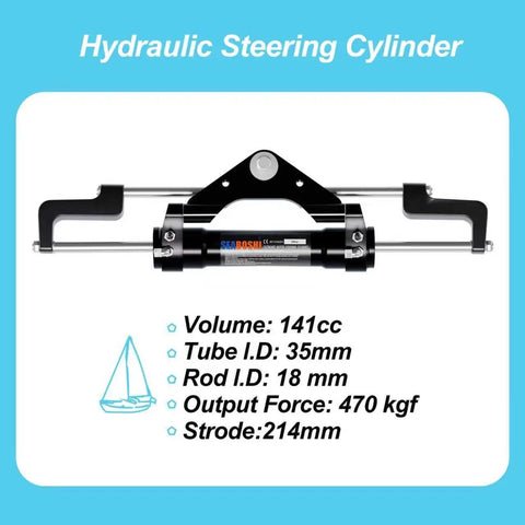 Beefed Up 300 HP Front Mounted Steering Cylinder for outboard boat, marine grade, dimensions and specs displayed