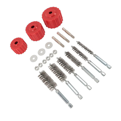 Power Drill Copper Pipe Cleaner Kit For Half Inch, Three Quarter Inch, And One Inch Tubes Cleaning Brush Set components