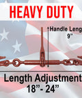 Heavy Duty Ratchet Chain Load Binder Two Pack Built Tough With Forged Grab Hooks On Both Ends Fits One Quarter To Five Sixteenths Inch Chain 2600 Lbs Working Load Limit Tie Down Gear shown on American flag background with measurements