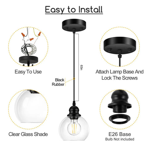 Easy installation guide for Dope Matte Black Pendant Light For Kitchen Island With Clear Glass Globe Shade, features E26 base.