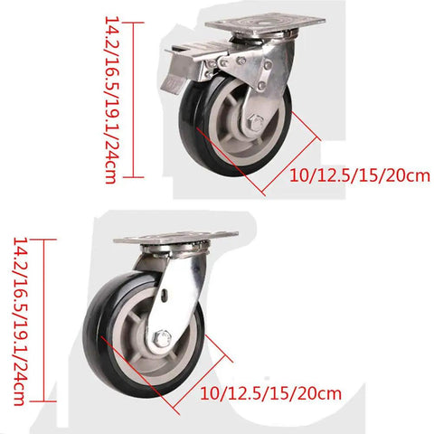 Heavy Duty 304 Stainless Steel Caster Wheels Featuring Thick Flat Base Plate Dual Sealed Ball Bearings Rustproof Cart Casters in various sizes.