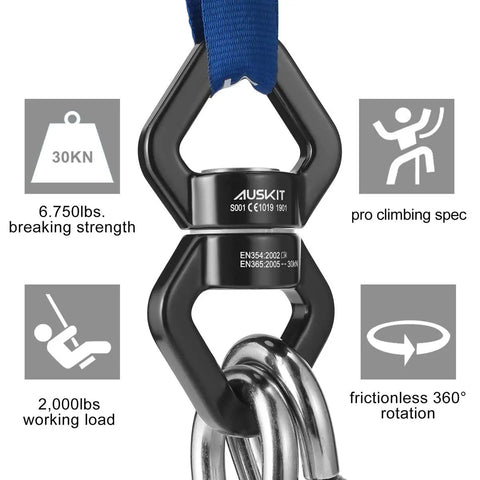 Heavy Duty Swing Swivel Featuring Frictionless 360 Spin Silent Ball Bearings Badass Aluminum Alloy Build For Zero Twist Zip Line And Utility Rigging Hardware, 30kN capacity.