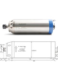 Badass 4.5Kw Water Cooled Spindle With ER20 Collet And Tough Ceramic Ball Bearings, side view showing design and specifications.