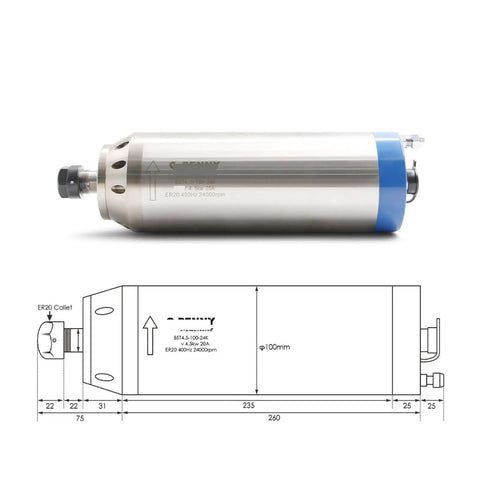 Badass 4.5Kw Water Cooled Spindle With ER20 Collet And Tough Ceramic Ball Bearings, side view showing design and specifications.