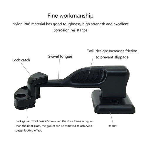 T-Shaped Car Door Holder Retainer Baggage Catch Latches Keep Doors Open Secure For Motorhomes Cars And Yachts With Easy Nylon ABS Installation No Tools Needed close-up showing lock catch and swivel tongue.