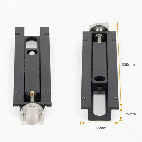 Hella Adjustable Aluminum Tail Vise Delivers Badass Woodworking Clamping Grip With No Sweat Bench Mount Setup, showing dimensions 330mm x 65mm x 29mm.