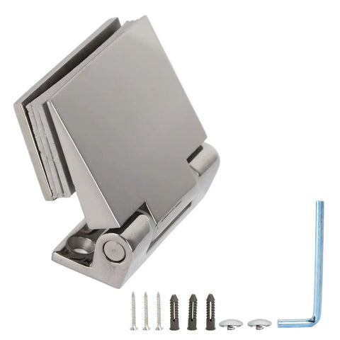 Premium 304 Stainless Steel Inclined Single Side Offset Pivot Hinge For 8 Through 12mm Tempered Glass Door with screws and tools.