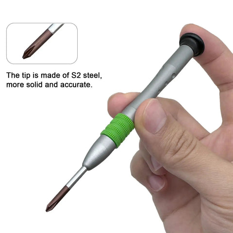 PH0 3mm Micro Phillips Screwdriver With Magnetic S2 Tip Free Spin Cap Non Slip Grip For Tiny Electronics shown in hand