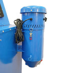 Badass 1.75 HP Dust Collector For Sand Blast Cabinet Reclamation Systems And Media Blasters. Blue 2-gallon dust bin and motor detail.