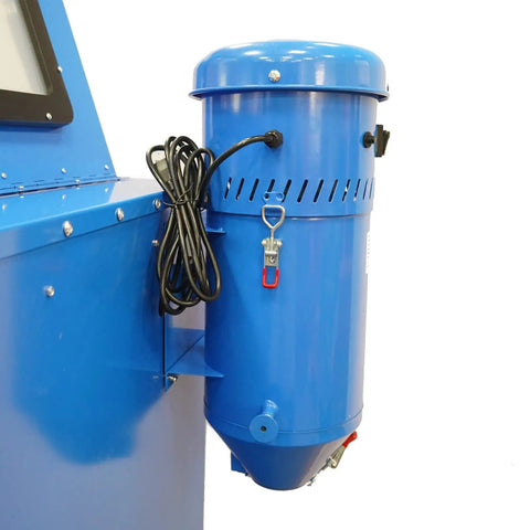 Badass 1.75 HP Dust Collector For Sand Blast Cabinet Reclamation Systems And Media Blasters. Blue 2-gallon dust bin and motor detail.