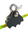 Arborist Rope Brake And Fall Arrestor With Rubberized Cover And Removable Cam Lock, Easy Grip Flip Line Adjuster on green rope