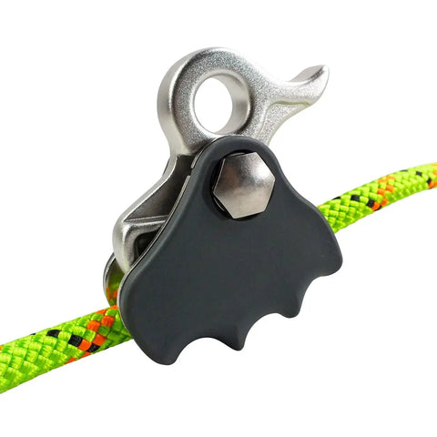 Arborist Rope Brake And Fall Arrestor With Rubberized Cover And Removable Cam Lock, Easy Grip Flip Line Adjuster on green rope