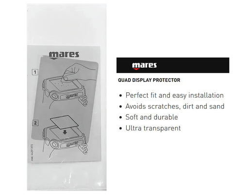 Ultra Transparent Soft Durable Quad Display Protector For Scuba Diving Computer Screen That Shields From Scratches Dirt And Sand With Bubble Free Easy Install packaging with installation instructions.