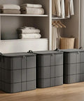 Three Heavy Duty Nonwoven Storage Bins Three Pack With Sturdy Handles, spacious for quilts and winter layers in a closet.