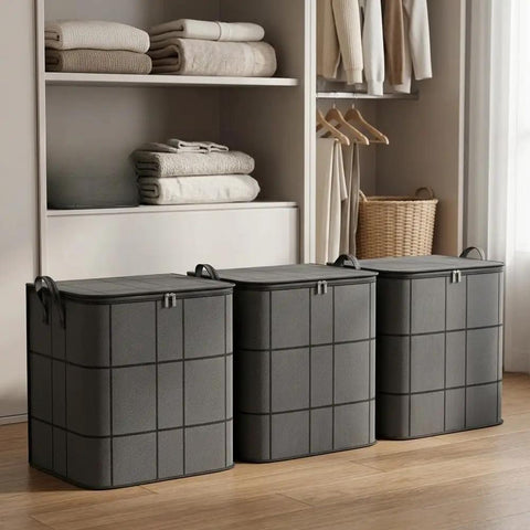Three Heavy Duty Nonwoven Storage Bins Three Pack With Sturdy Handles, spacious for quilts and winter layers in a closet.