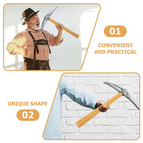 Two images showcasing a Three Piece 49cm Halloween Pickaxe Set for Cosplay and Party Props; top image features an excited man holding a pickaxe; bottom image shows the pickaxe's unique shape.