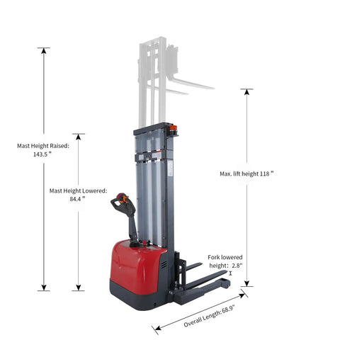 Tory Carrier Full Electric Pallet Stacker, 3300 Lb Capacity, 118 Inch height, detailed height specifications.