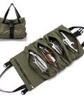 Open Multi Purpose Roll Up Tool Bag And Wrench Roll With Canvas Tool Organizer showing tools in zip pockets, folded view above.