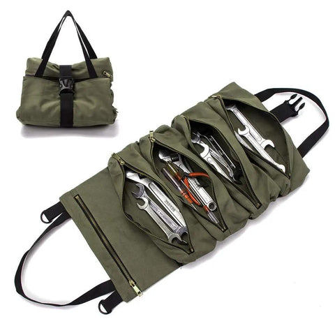 Open Multi Purpose Roll Up Tool Bag And Wrench Roll With Canvas Tool Organizer showing tools in zip pockets, folded view above.