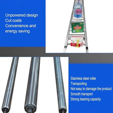 Lightweight Galvanized Steel Roller Conveyor System With 2.5 Cm Rollers, Unpowered And Adjustable From 30 To 300 Cm, Perfect For Warehouse Material Handling, Built Tough, Easy Setup, Silver Finish, shown with products moving on rollers